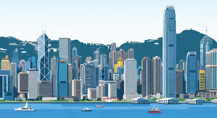 Flat vector skyline of Hong Kong showing dense vertical skyscrapers along mountain coastline. Solid bold colors, no gradients. Great for financial themes and travel visuals © meeblues