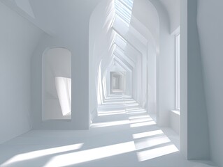 All-white arched corridor leads to light