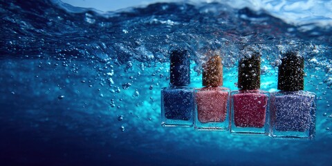 Manicure bottles underwater, surrounded by air bubbles and blue water