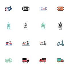 A variety of icons with ticket, tree, truck and scooter