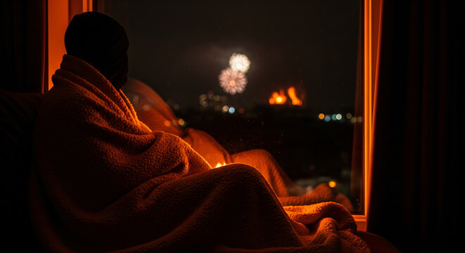 Firelight Reflections: A Person's Silhouette Watching Distant Fireworks Through a Window, Wrapped in a Cozy Blanket