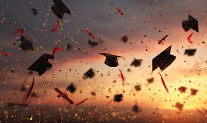 Caps, diplomas, and confetti thrown against a twilight sky at graduation