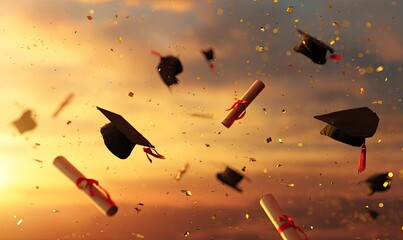 Graduation caps and diplomas are tossed in the air during sunset