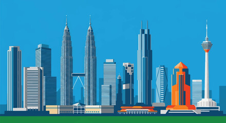 Flat vector skyline of Kuala Lumpur with two matching skyscrapers connected by elevated deck. Solid bold colors, no gradients. Ideal for travel design, posters, and editorial use