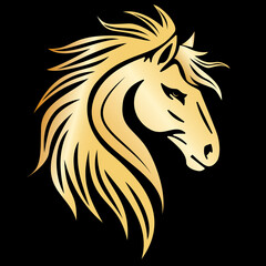 Stylized golden horse head vector illustration or logo isolated on a solid black background.