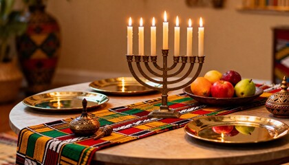 Kwanzaa celebration with a lit kinara on a festive table setting. Traditional African-American holiday symbols including fruit and a Kente cloth runner