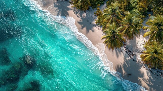 Aerial view of tropical beach with turquoise water and palm trees, sunny day, minimal shadows