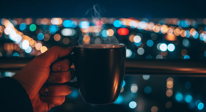 Blurred City Lights, Focused Soul: A Hand Holding a Mug in the Foreground, with Blurred City Lights (Bokeh) in the Background