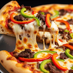 Cheesy Slice of Hot Beef and Bell Pepper Pizza Lifted with Melting Mozzarella and Gooey Strings