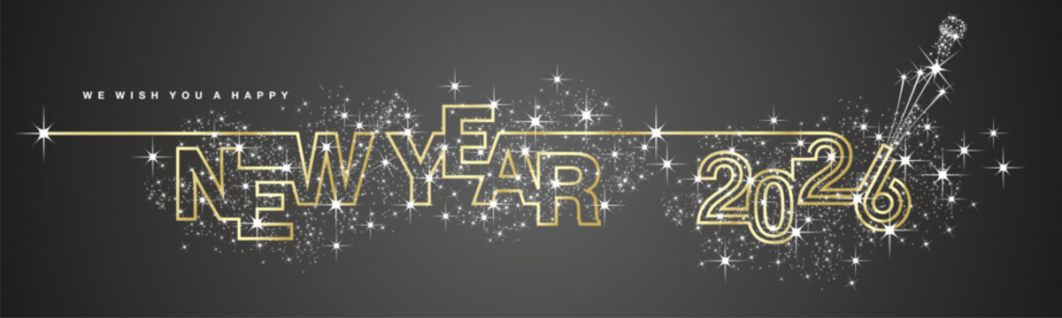 We wish you Happy New Year 2026 line design shiny glitter sparkler firework open champagne 2026 new year eve white golden black vector wallpaper long banner greeting card