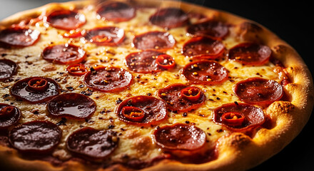 Hot Pepperoni Pizza Topped with Chili Flakes and Sliced Jalapeños