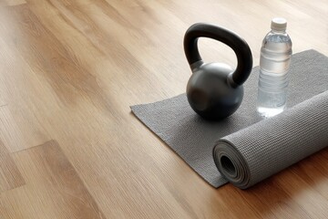 Black kettlebell, clear water bottle, grey yoga mat await vigorous exercise on polished wood floor, copy space