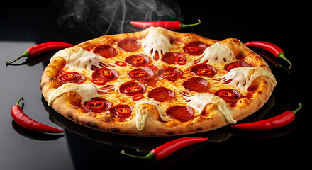 Spicy Pepperoni Pizza with Steaming Chilies and Melted Cheese 