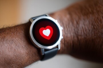 African American man wears modern smartwatch, displaying vibrant red heart rate monitoring icon on wrist.