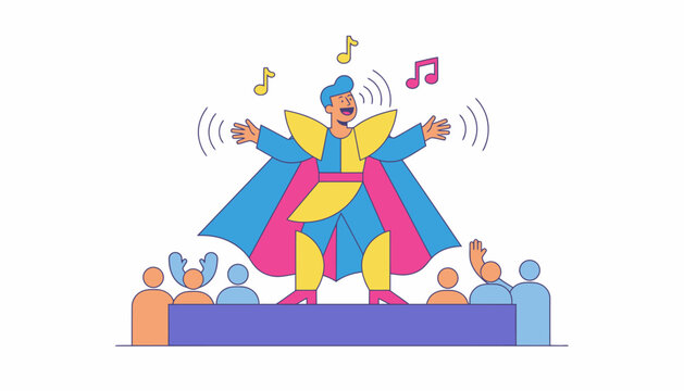 A performer dressed in a flamboyant costume exuding charisma on stage engaging the audience to join in and sing along.