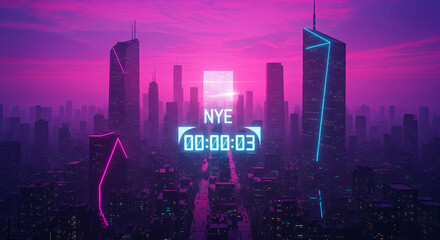 Sunset Synthwave Countdown: A Vaporwave Cityscape at Sunset, Hues of Pink and Purple, with a Bold NYE Countdown Overlay