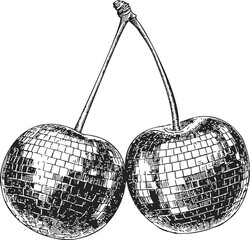 Cherries sketch hand drawn as disco balls with detailed mirrored surface — stock vector
