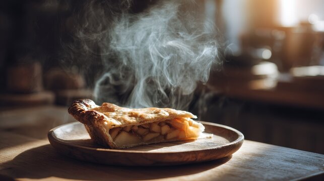 Fresh apple pie slice on wooden plate. Cozy tavern kitchen background - Powered by Adobe