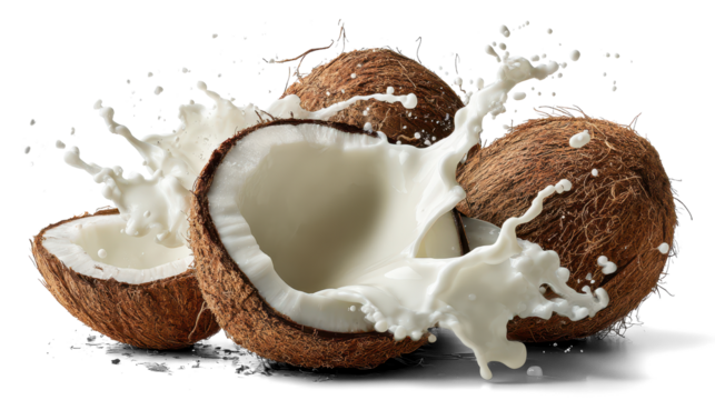 Coconut and a half with milk splash on white background