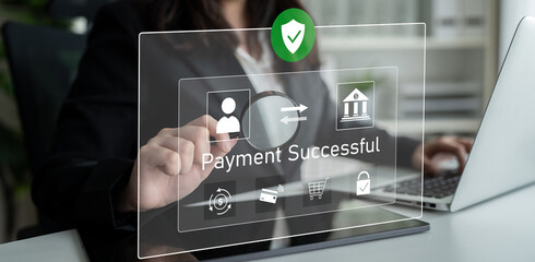 Successful transaction message showing secure payment. Payment confirmed, secured, payment...