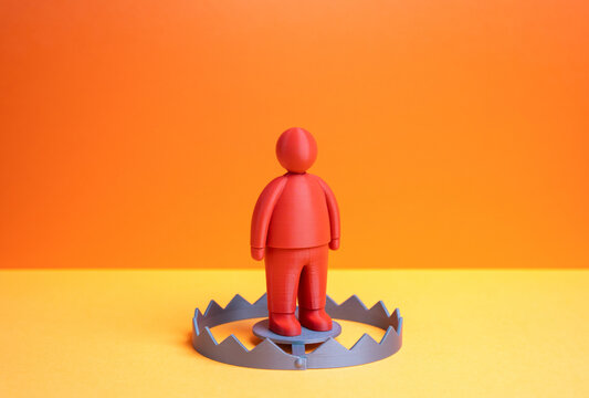 The red man is trapped. A problem employee and a toxic person. Bait for scammers. Workplace toxicity, manipulation, and personal vulnerability. HR awareness, cybersecurity. Corporate environments