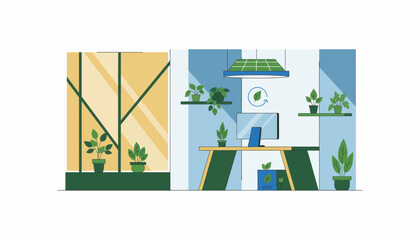 A biophilic office space filled with natural light featuring plants and smart technology that minimizes energy consumption.