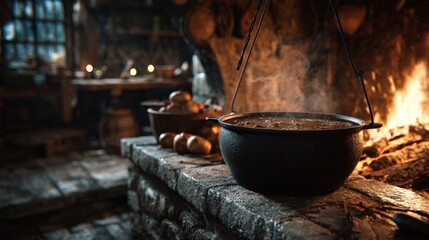Iron cooking pot with hearty stew. Medieval tavern kitchen fireplace background