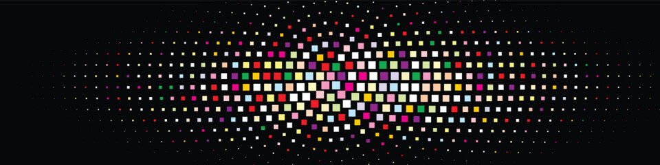 Abstract glowing halftone lens effect with colorful radial pixel dots on black background forming a vibrant central light, modern digital visual suitable for music posters nightlife graphics and motio © gd-house
