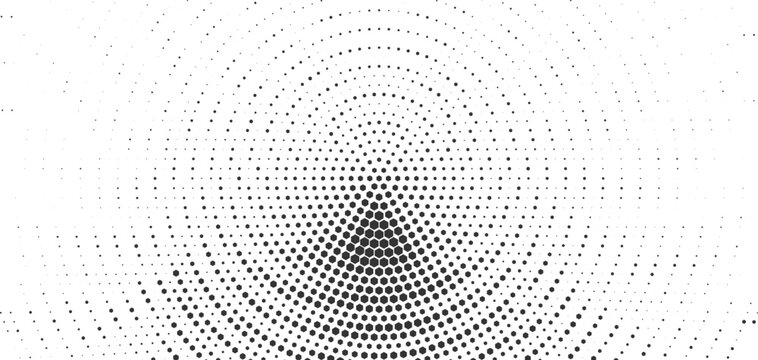 Abstract halftone circular tunnel pattern with concentrated dot density forming a deep radial focal point, modern minimal monochrome background ideal for motion visuals futuristic design and graphic