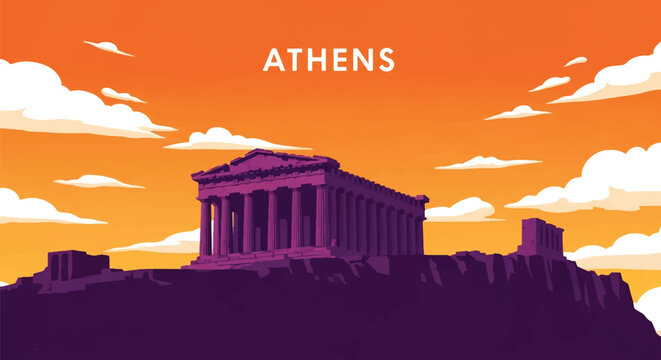 Flat vector skyline of Athens featuring rectangular hilltop ruins. Solid pastel palette, no gradients. Ideal for travel, history content, and educational graphics