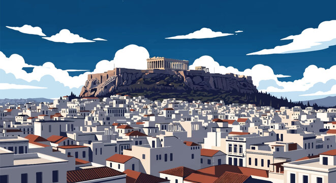 Flat vector skyline of Athens featuring rectangular hilltop ruins. Solid pastel palette, no gradients. Ideal for travel, history content, and educational graphics