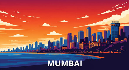 Flat vector skyline of Mumbai showing dense coastal skyscrapers. Solid strong colors, no gradients. Ideal for travel posters, business, and editorial illustration