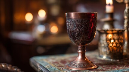 Copper goblet with red wine. Ornate medieval design. Candlelit tavern background