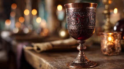 Copper goblet with red wine. Ornate medieval design. Candlelit tavern background
