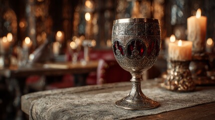 Copper goblet with red wine. Ornate medieval design. Candlelit tavern background