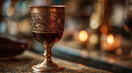 Copper goblet with red wine. Ornate medieval design. Candlelit tavern background