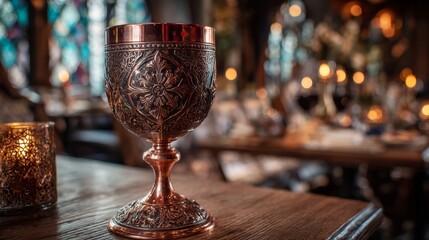 Copper goblet with red wine. Ornate medieval design. Candlelit tavern background