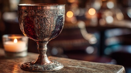 Copper goblet with red wine. Ornate medieval design. Candlelit tavern background