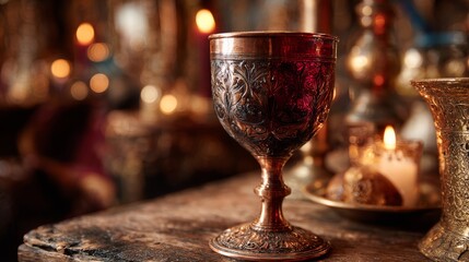 Copper goblet with red wine. Ornate medieval design. Candlelit tavern background