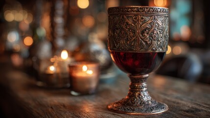 Copper goblet with red wine. Ornate medieval design. Candlelit tavern background
