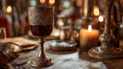 Copper goblet with red wine. Ornate medieval design. Candlelit tavern background