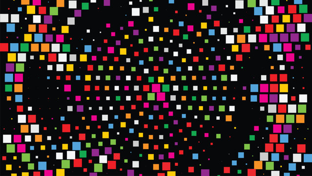 Colorful pixel mosaic halftone explosion on dark background forming a vibrant radial energy center, dynamic abstract digital art ideal for dance party flyers gaming visuals nightlife posters and neon 