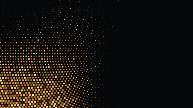 Gold halftone glowing particle gradient on black background forming a luxurious shimmering light texture, elegant abstract backdrop ideal for premium branding invitation designs luxury packaging and c