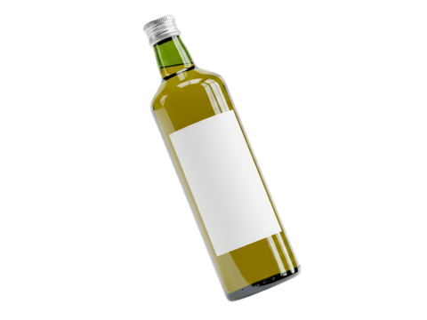 Clear glass bottle of premium olive oil with an empty white label mockup, standing isolated on a transparent PNG background (जैतून का तेल)