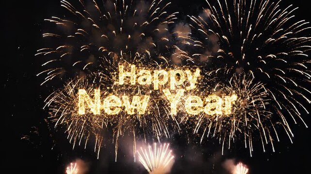 Colorful fireworks light up the night sky, creating a festive atmosphere to celebrate the New Year. The display features bright colors and bursts of sparkles that enchant viewers