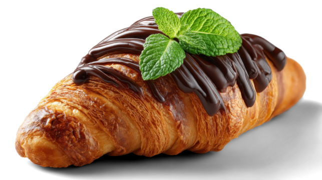 Fresh croissant with chocolate on white background