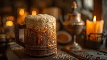 Rustic wooden mug overflowing with golden ale foam. Medieval tavern background
