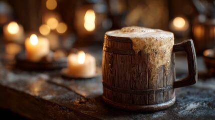 Rustic wooden mug overflowing with golden ale foam. Medieval tavern background