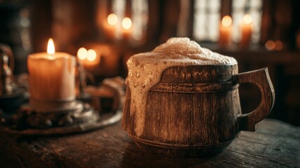 Rustic wooden mug overflowing with golden ale foam. Medieval tavern background