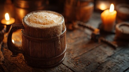Rustic wooden mug overflowing with golden ale foam. Medieval tavern background